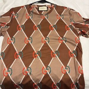 Gucci Brown Short-Sleeve Shirt with Red and Green Rope-Chain Motif